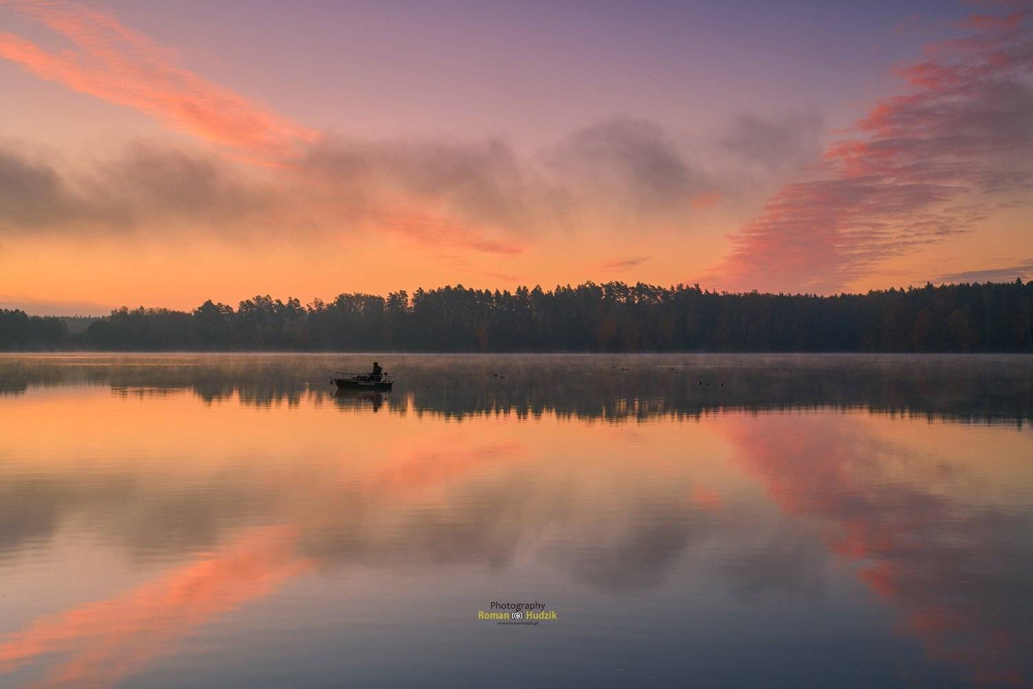 Lonely angler, sunrise, lake, landscape, sky, sky colors,, Roman Hudzik