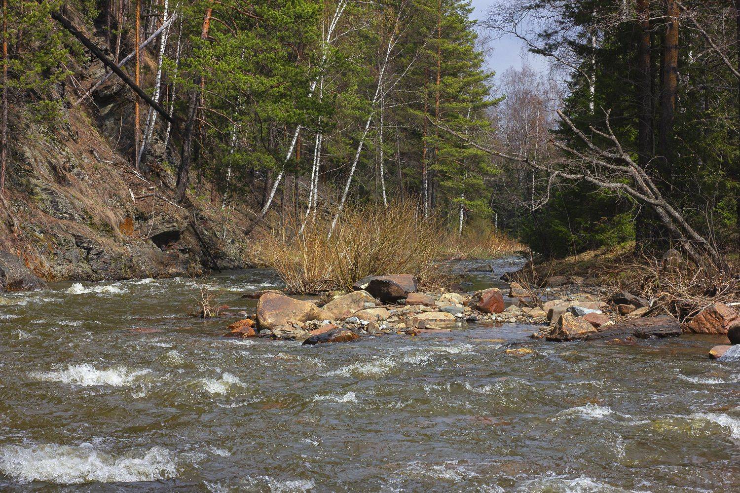 весна, горная река, пейзаж, республика башкортостан, южный урал, река нура, скалы, камни, лес, Александр Кожухов
