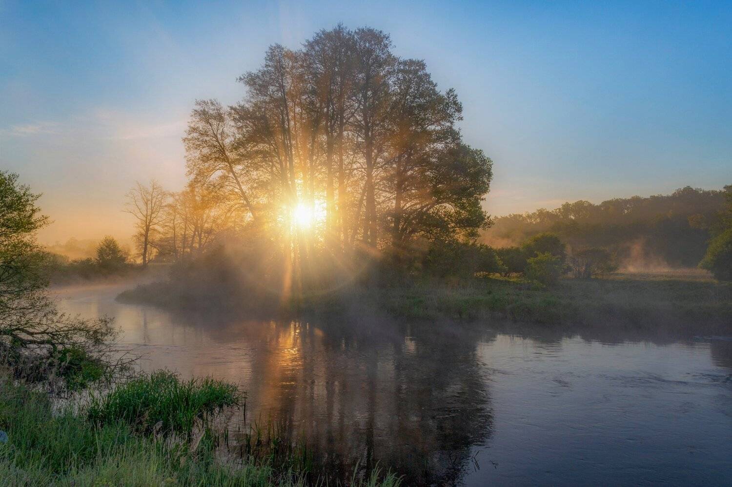 landscape  fog  light  sky  nature  clouds  tree  water  dawn  sun  halo optical phenomenon  river  gwda  nikon  forest  atmosphere  sunbeams  reflection, Krzysztof Tollas