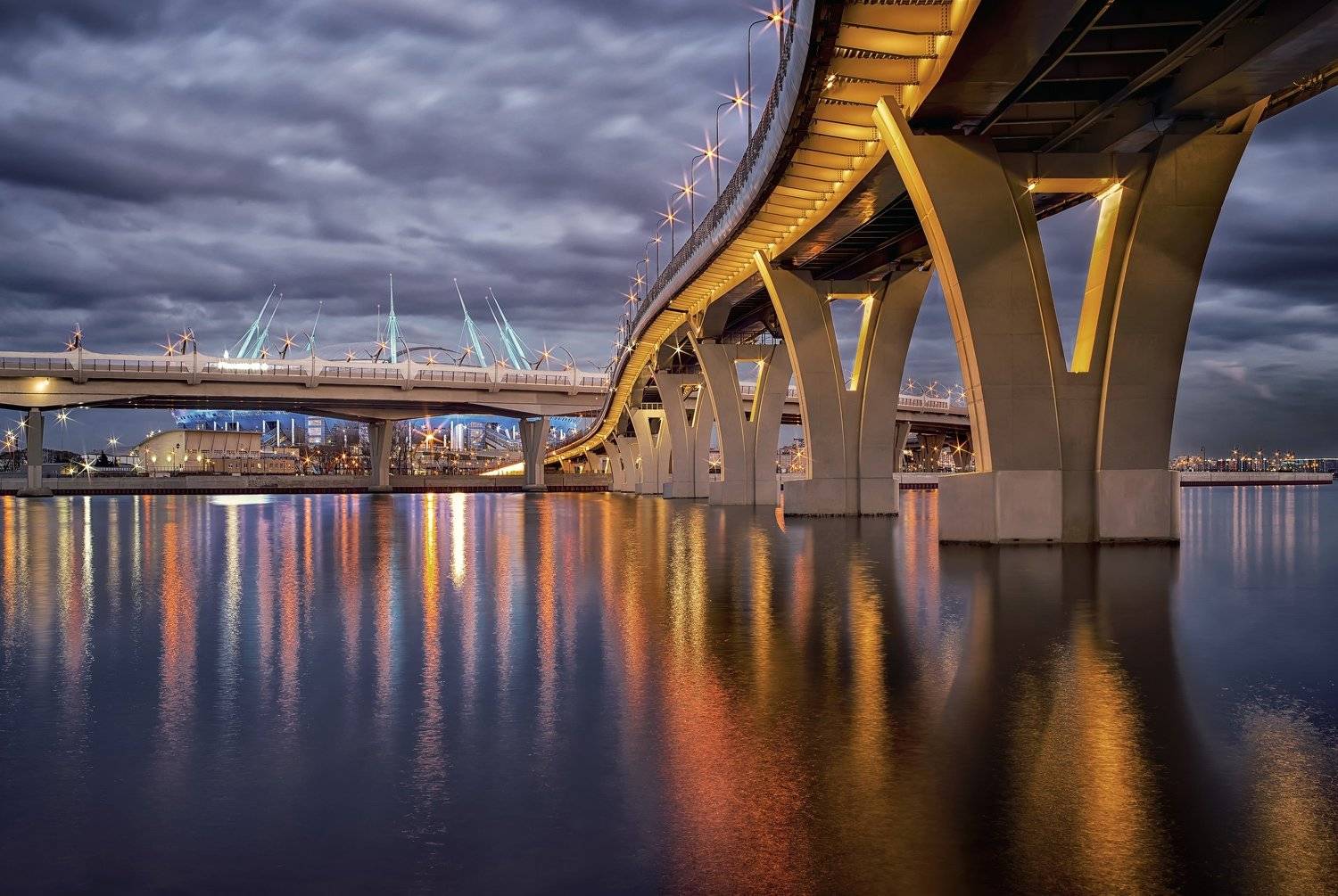 город,вечер,мост,огни,отражения,набережная,река, Тамара