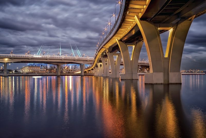 город,вечер,мост,огни,отражения,набережная,река Мосты Петербурга фото превью