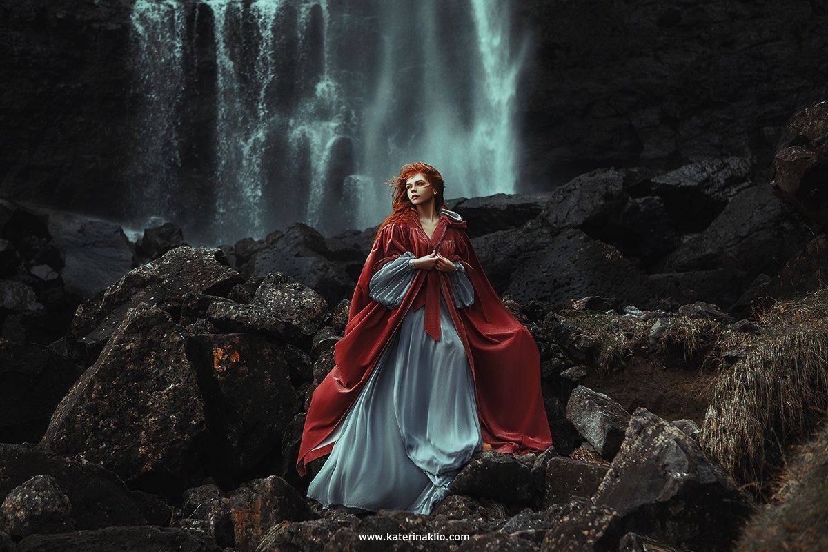 waterfall, fairy, scandinavian, myth, Valkyrie, woman, model, faroe, wild, island, cold,, Катерина Клио