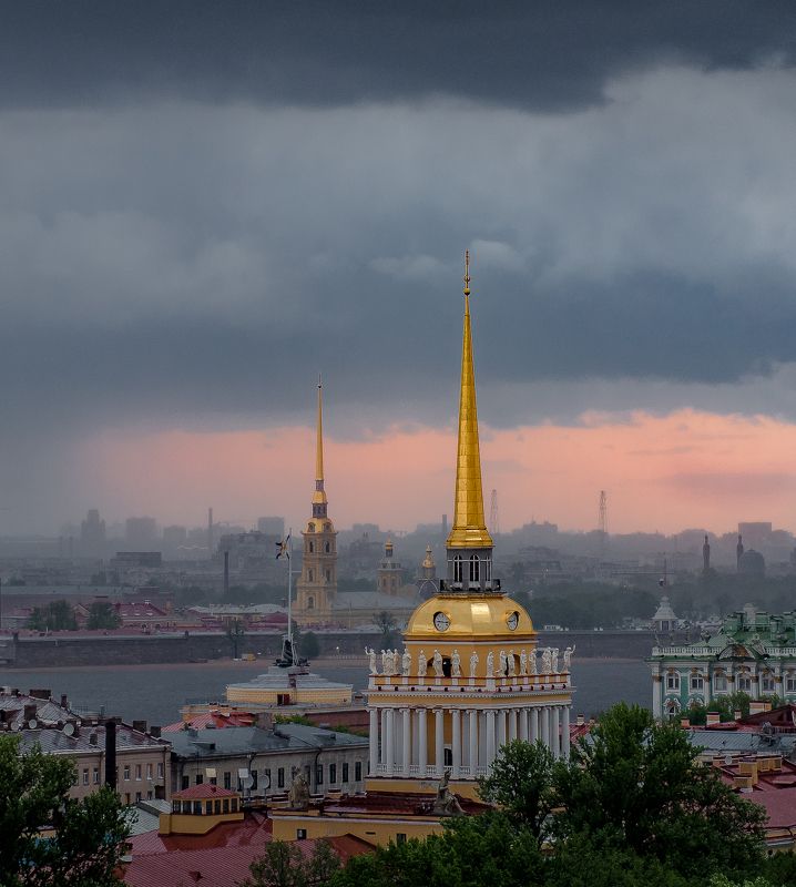 город, санкт-петербург, россия, река, закат, рассвет, небо, лето, весна, цветы Майский дождливый вечер в Петербурге.. фото превью