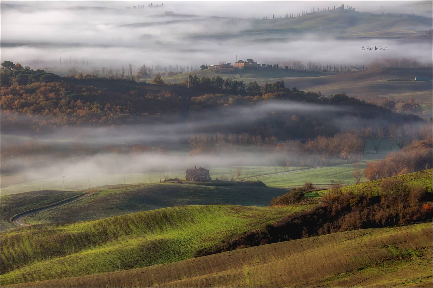 italy,san quirico d \\\' orcia,italia,туман,италия,тоскана,pienza,кипарис,toscana,осень,tuscany,cipressi,belvedere,пьенца,morning,colors,fog, Василий Гори