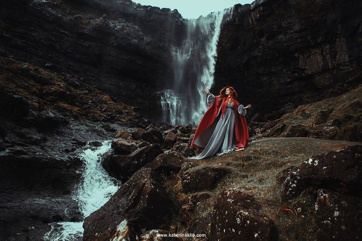 waterfall, fairy, scandinavian, myth, Valkyrie, woman, model, faroe, wild, island, cold,, Катерина Клио