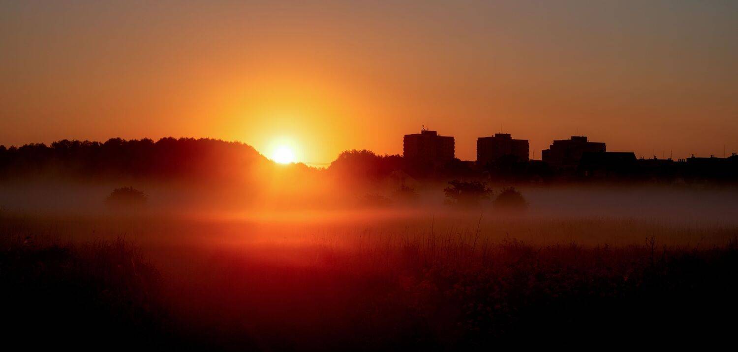 sunrise, landscape, sun, light, fog, june, nature, trees, meadow, sky, dawn, nikon, Krzysztof Tollas
