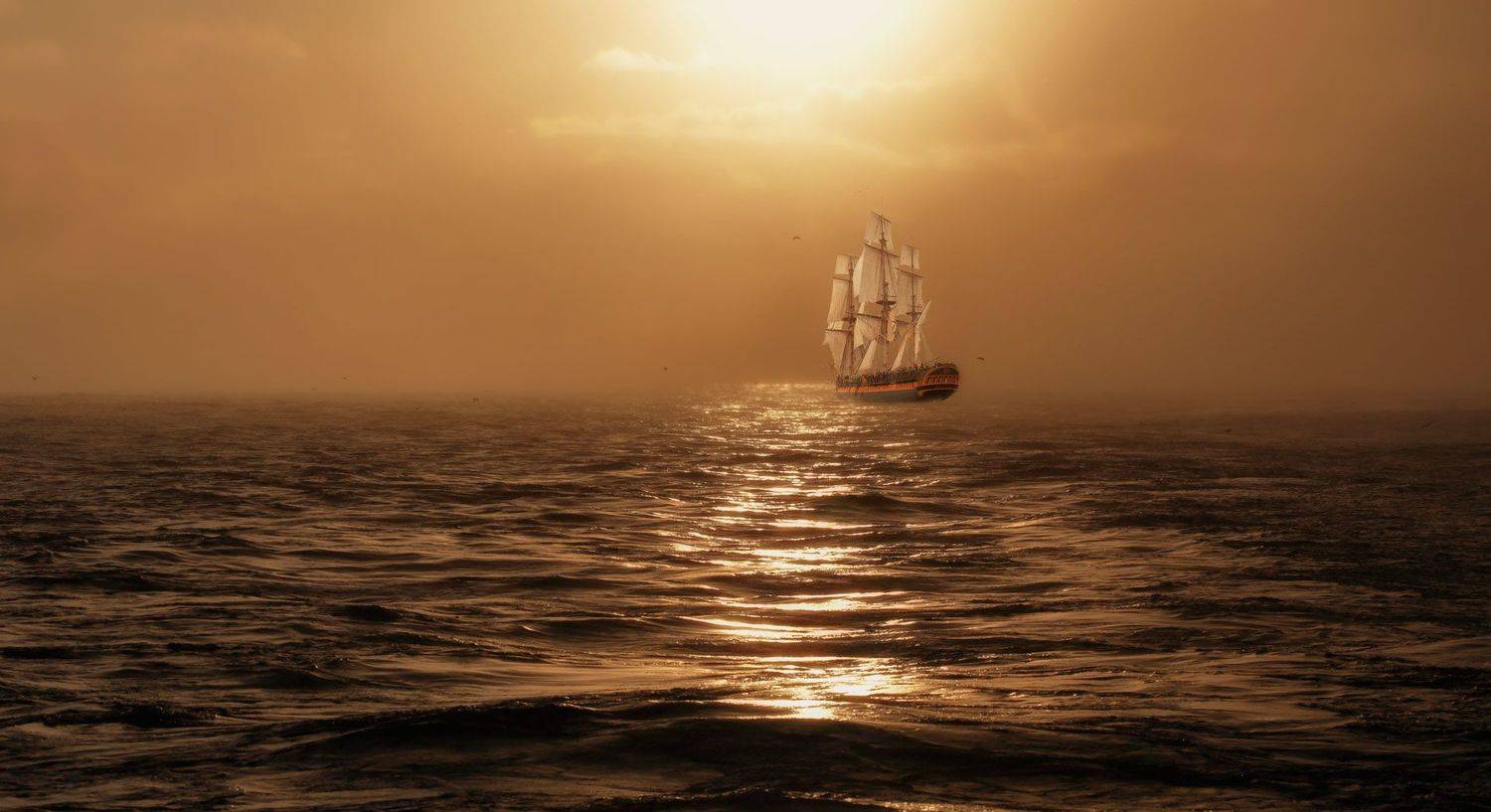 вечер, закат, парусник, волны, мираж, Евгений Паршуков