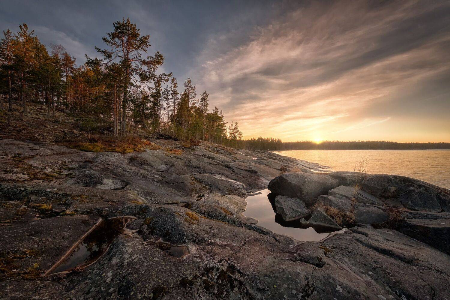 ладога, скалы, деревья, мох, лишайник, закат, облака, пейзаж, природа, Андрей Чиж