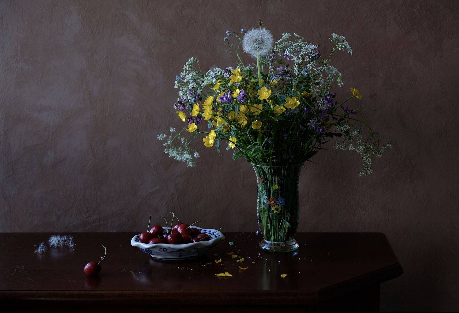 Still life, flowers, flora, colors, nature, Norway, fruit, food, summer, sweet cherry, dandelion, wildflowers, , Svetlana Povarova Ree