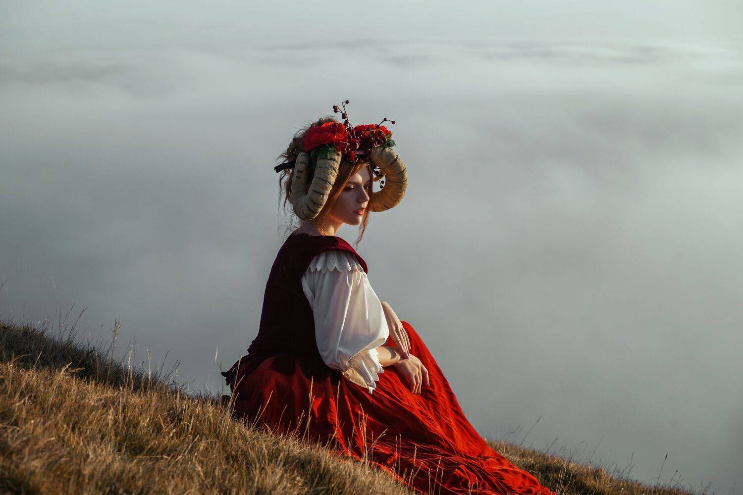 sky, clouds, horns, model, woman, sunset, fairy, fairytale, fantasy, fantastic, creative, sheep, shepherd, Катерина Клио