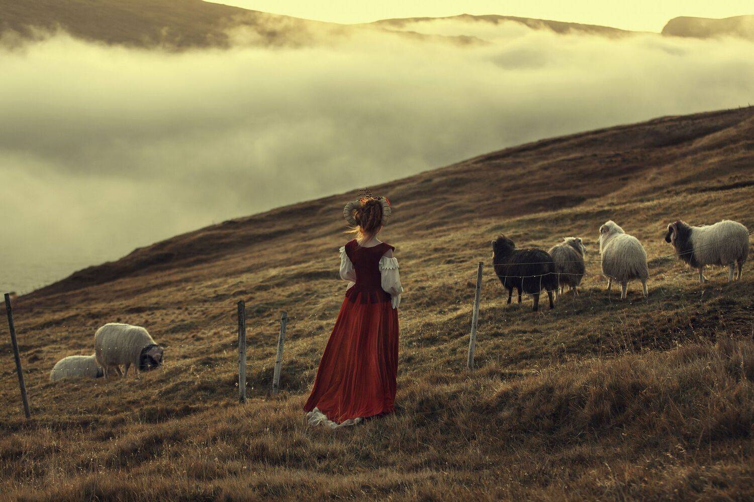 sky, clouds, horns, model, woman, sunset, fairy, fairytale, fantasy, fantastic, creative, sheep, shepherd, Катерина Клио