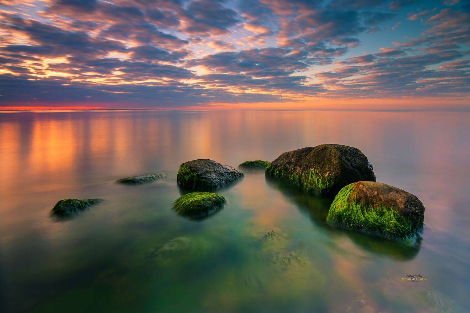 sea, landscape, Baltic, sky, sunrise, stones., Roman Hudzik