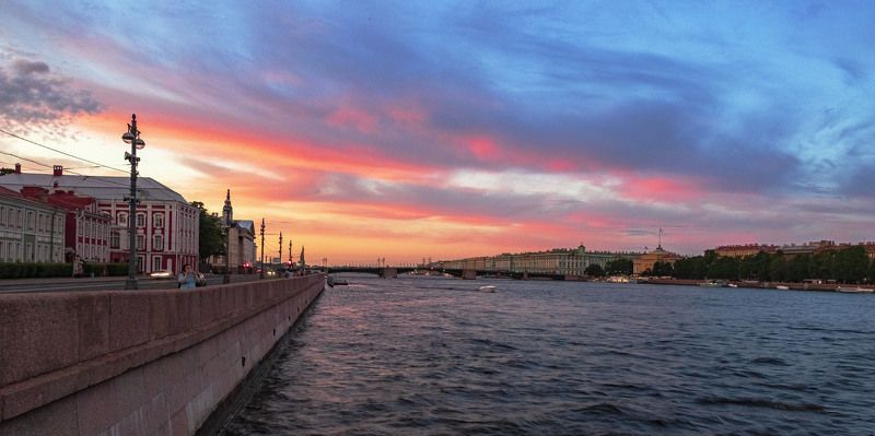 вечер, город, закат, небо, река  фото превью