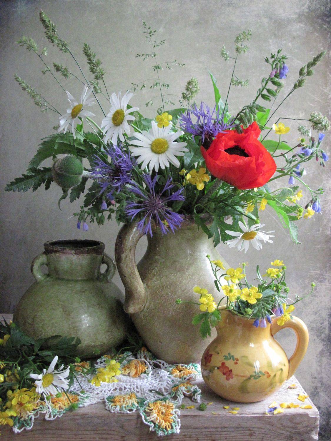цветы. букет, ромашки, васильки, мак. лютики, кувшины, керамика, Наталия Тихомирова
