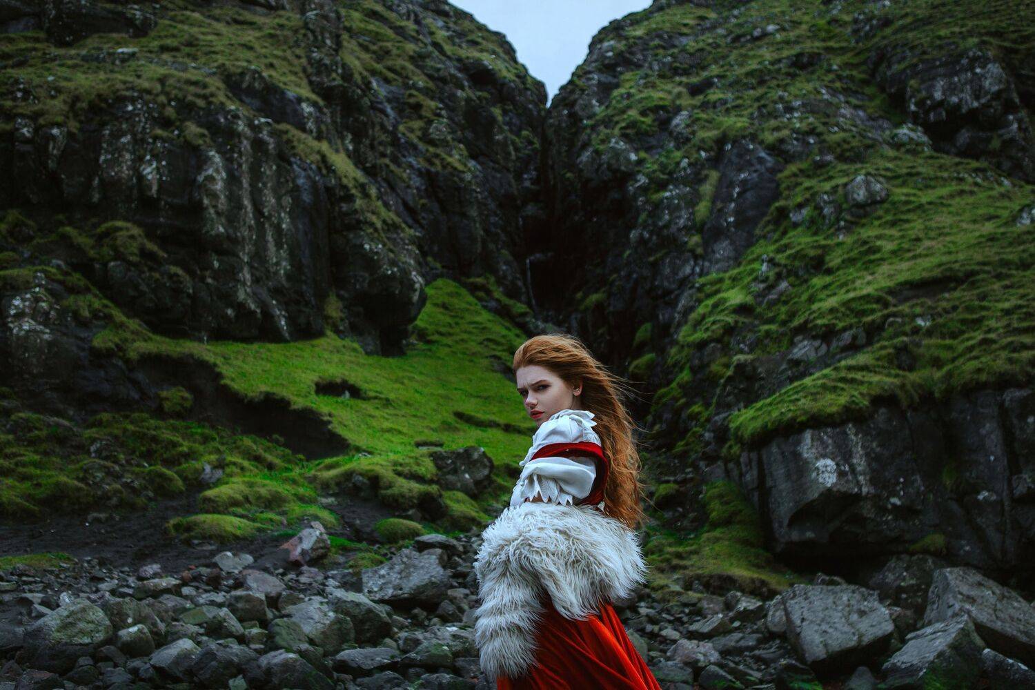 ocean, faroe, model, wind, dress, woman, girl, beauty, motion, rocks, wild, , Катерина Клио