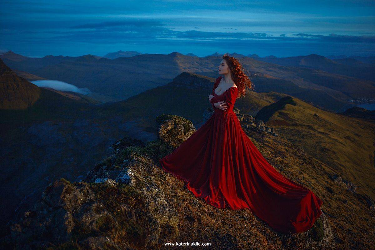 woman, portrait, faroe islands, mountains, clouds, red, dress, travel, model, sky, hight, morning, sunrise, Катерина Клио