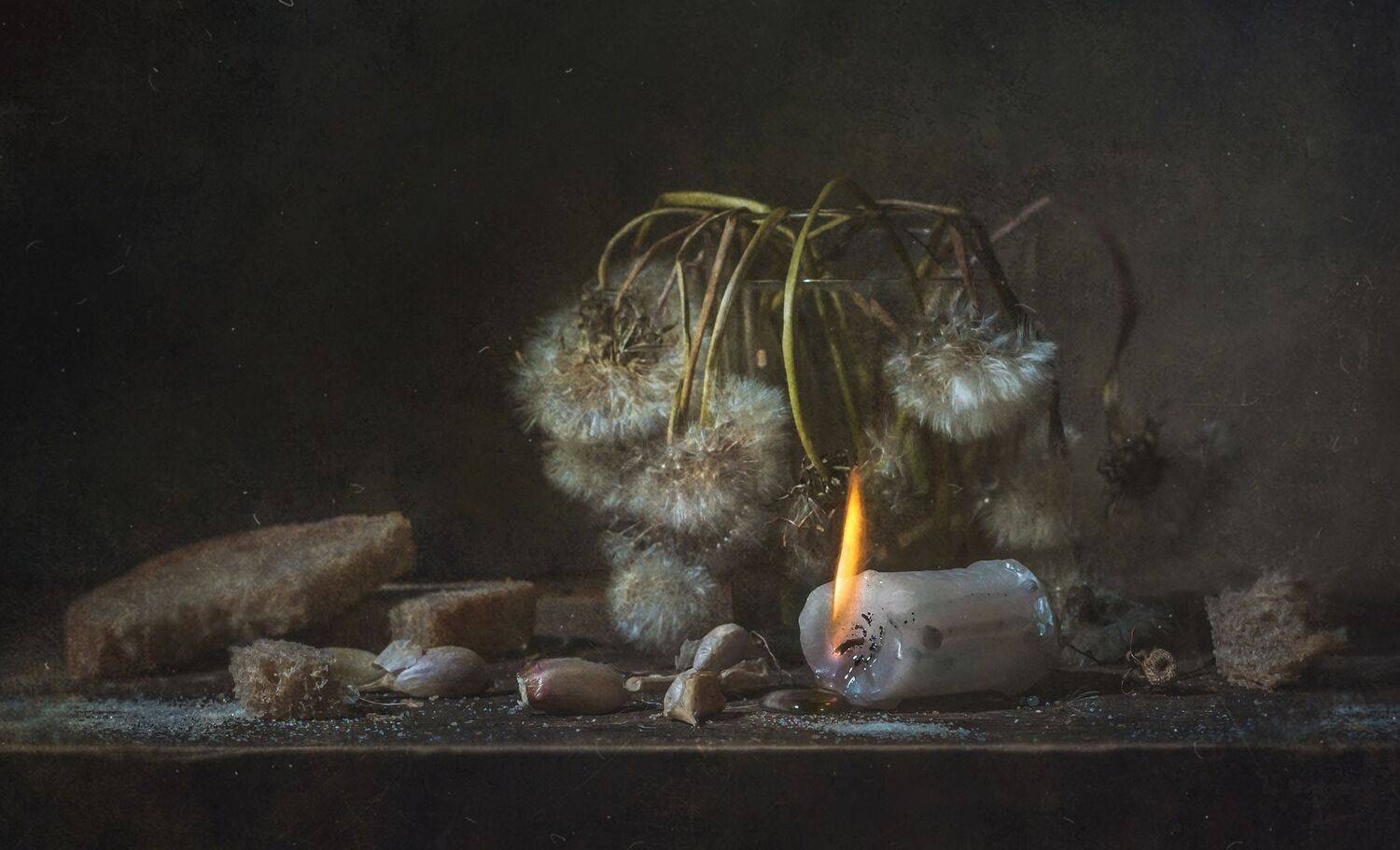 старые,увядание,одуванчики,сухари,огарок,свеча,текстура, чеснок, Владимир Володин