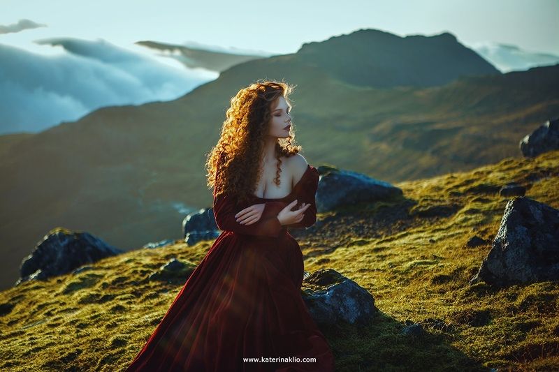 woman, portrait, faroe islands, mountains, clouds, red, dress, travel, model, sky, hight, morning, sunrise Above the sky фото превью