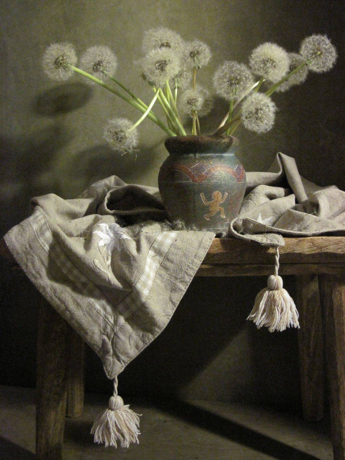 цветы, букет,.одуванчики, салфетка, лен, Наталия Тихомирова