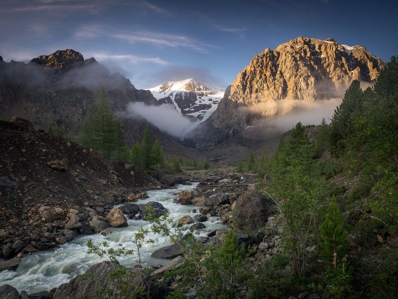 горный алтай, актру, пейзаж, горы, северо-чуйский хребет Летнее утро на р. Актру фото превью