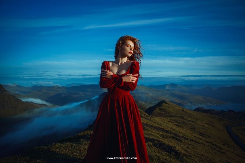 woman, portrait, faroe islands, mountains, clouds, red, dress, travel, model, sky, hight, morning, sunrise Above the sky фото превью