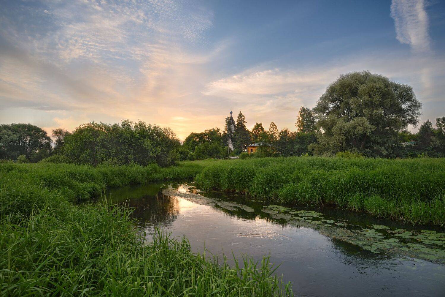 вечер,закат,река,церковь,небо,облака, Виталий Полуэктов