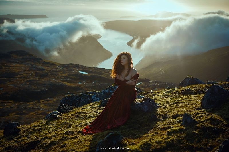woman, portrait, faroe islands, mountains, clouds, red, dress, travel, model, sky, hight, morning, sunrise Above the sky фото превью