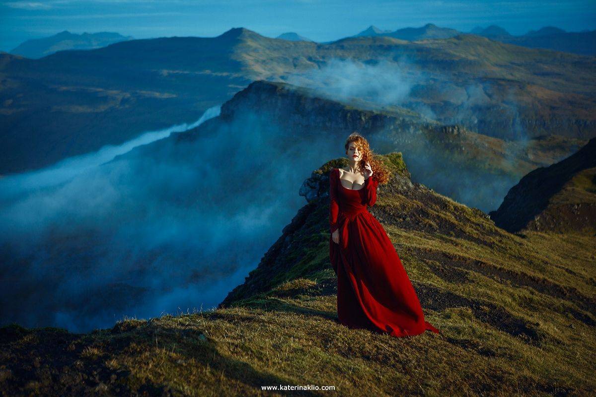 woman, portrait, faroe islands, mountains, clouds, red, dress, travel, model, sky, hight, morning, sunrise, Катерина Клио