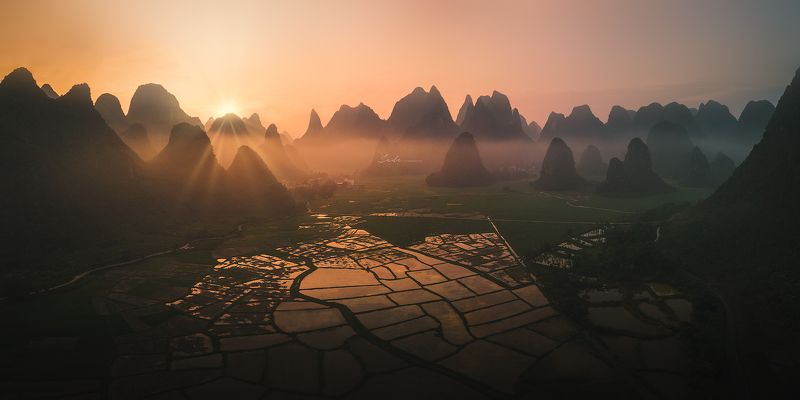 panorama;, sunrise sunrise of countryside фото превью