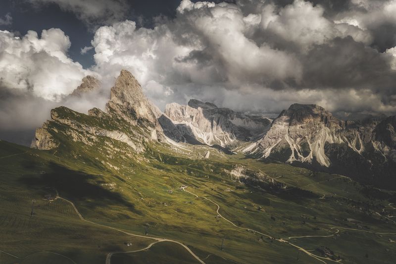 landscape, nature, drone, aerial, mountain, sky, clouds, sun Seceda фото превью