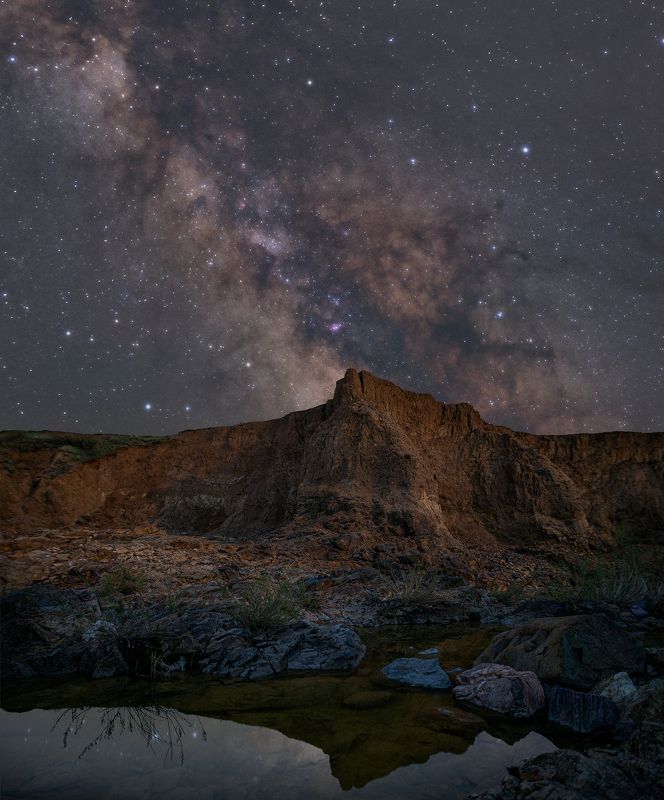 млечный путь, звезды, космос, ночь, длинная выдержка, canon, пейзаж, туманность, каньон, весна, река, вода, трава, камни, скалы, отражение Скала под покровом неба фото превью