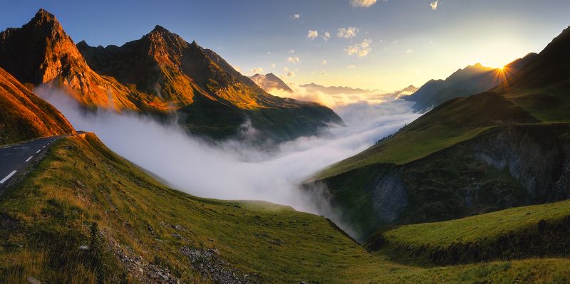 панорама, горы, пиренеи, pyrenees, лето, вечер, туман, франция Туманная река фото превью