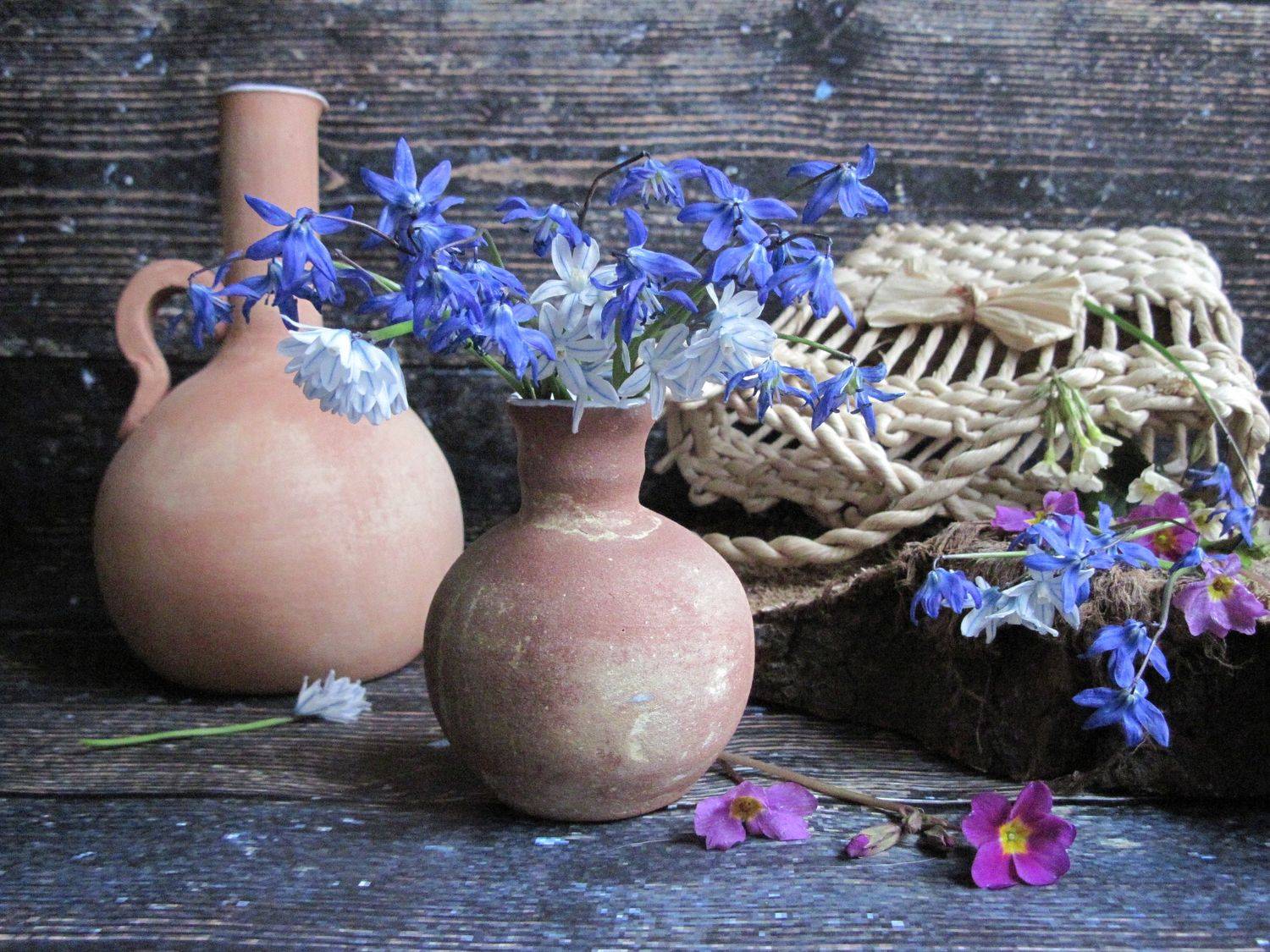 цветы, букет, первоцветы, пролески, примула, кувшины, керамика, плетенка, сумка, Наталия Тихомирова