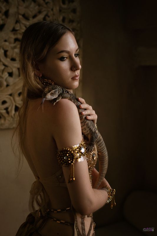 портрет, девушка, студия, ящерица, варан, мифология, история  фото превью