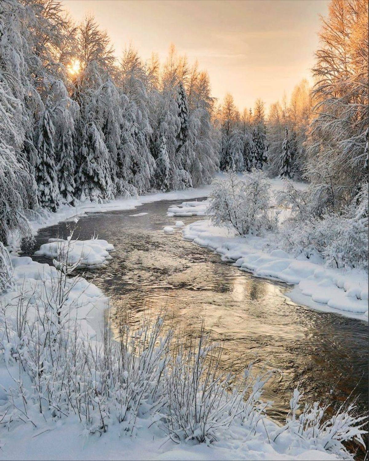 зима, карелия, рассвет, река, Петр Косых