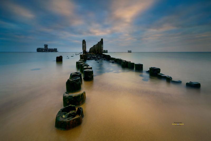 sea, sunrise, clouds landscape, sand, palisade, Babie Doły  фото превью