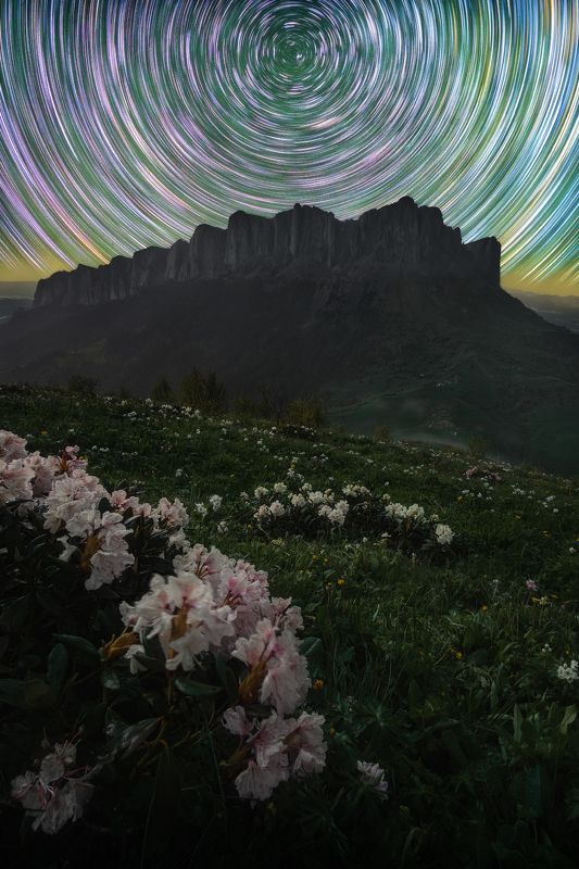 звезды, большой тхач, кавказ, адыгея, весна, рододендрон, астро, ночь, звездные треки, треки, startrail, startrails Вечность. Вселенная. Кольца спирали фото превью