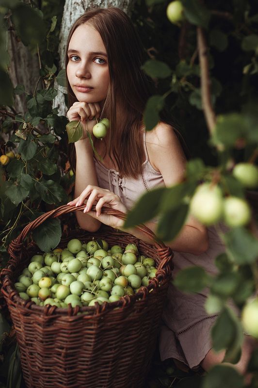 яблоки, портрет, девушка, сад Молодые яблочки фото превью