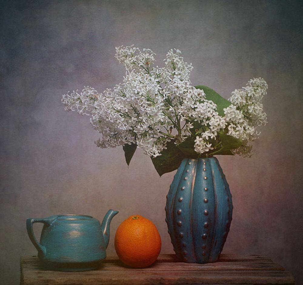 bzy, kwiaty, bukiet, pomarańcza, dzbanek, niebieski, , Ela Drzazga