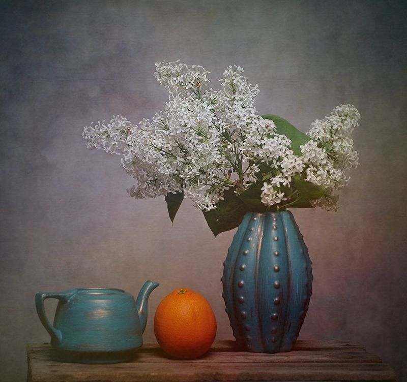 bzy, kwiaty, bukiet, pomarańcza, dzbanek, niebieski,  bzy i pomarańcza фото превью