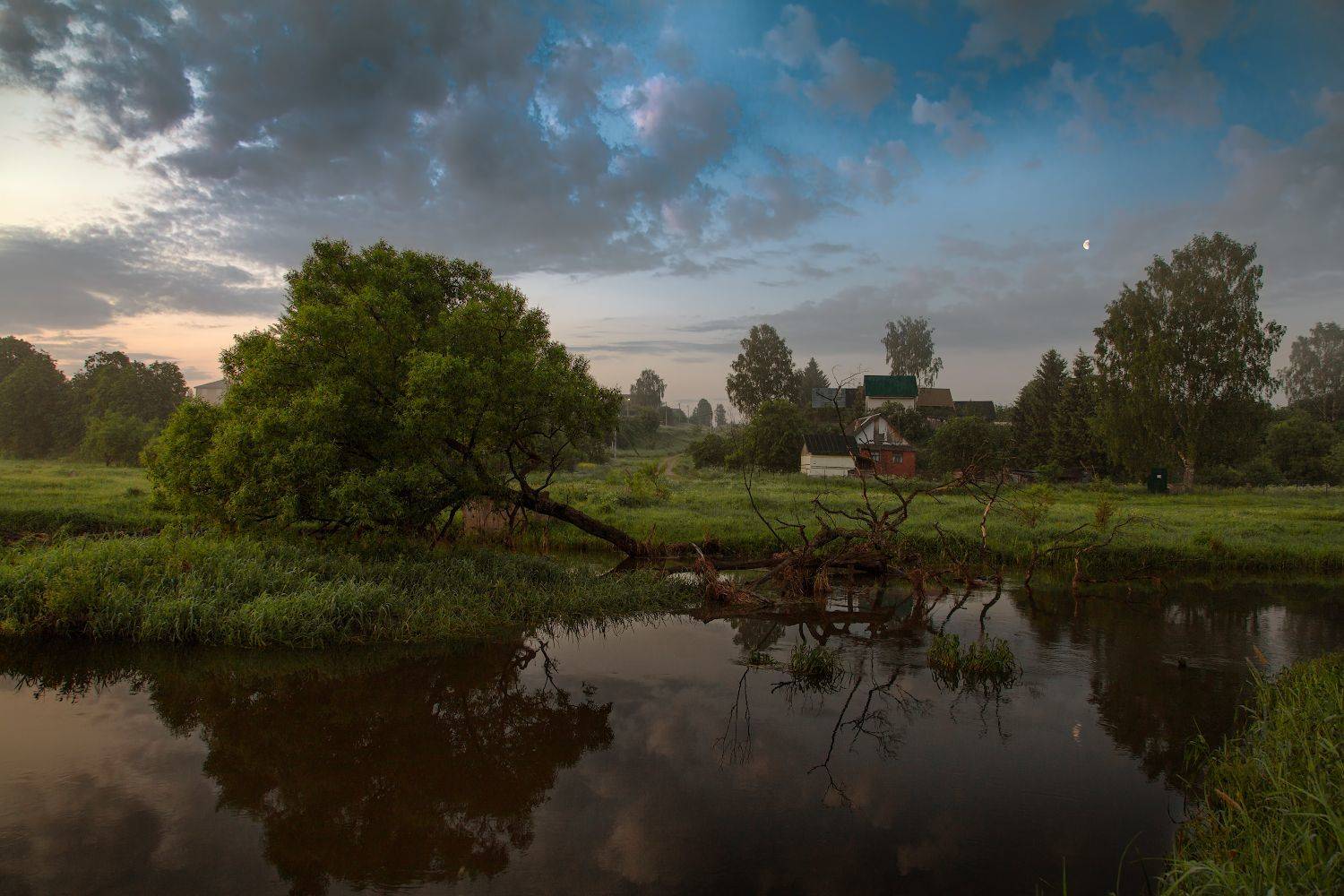 лето, рассвет, река, деревня, дерево, небо, месяц, Ирина Заколдаева