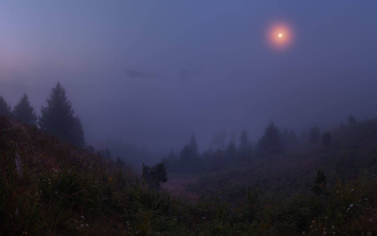 туман, ночь, Луна, река, Стрий, панорама, Сколовские Бескиды, полнолуние, горы, путешествие, night, foggy, mountains, Skolevsky Beskydy, river, Stryi, valley, fog, mist, panorama, moon, light, misty, Ivan Maljarenko