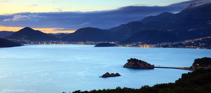 Будва, Вечер, Горы, Европа, Закат, Облака, Святой стефан, Черногория  фото превью