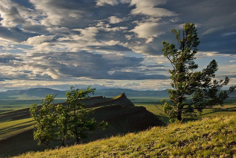 большой, ветер, вечер, высокий, голубой, горизонт, горы, далекий, дерево, долина, дымка, желтый, зеленый, облака, пейзаж, природа, серый, сибирь, синий, скалы, степь, сундуки, хакасия Ветер рвал облака над Сундуками... фото превью