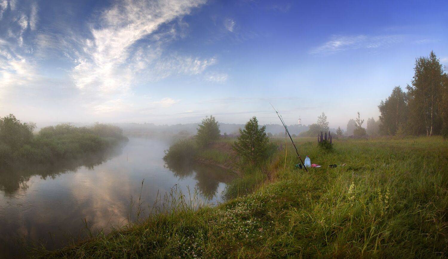 лето, восход, речка, туман, небо, берег, удочка, разнотравье, Ирина Заколдаева