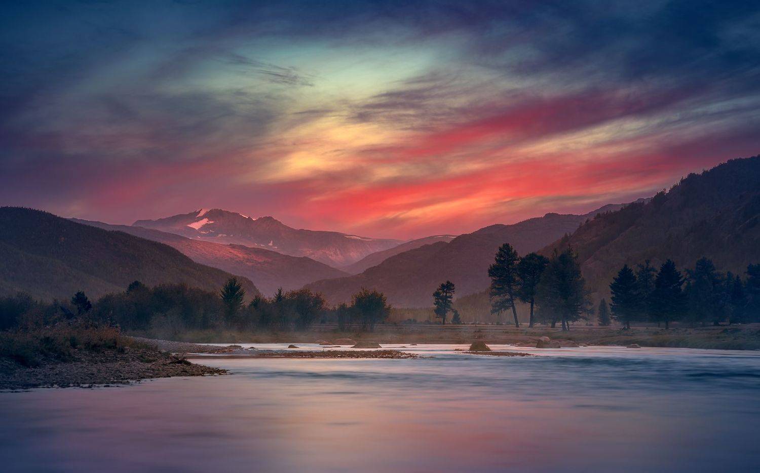 пейзаж, природа, закат, вечер, река, речка, облака, небо, горы, степь, самаха, деревья, вода, отражения, красный, алтай, Дмитрий Антипов