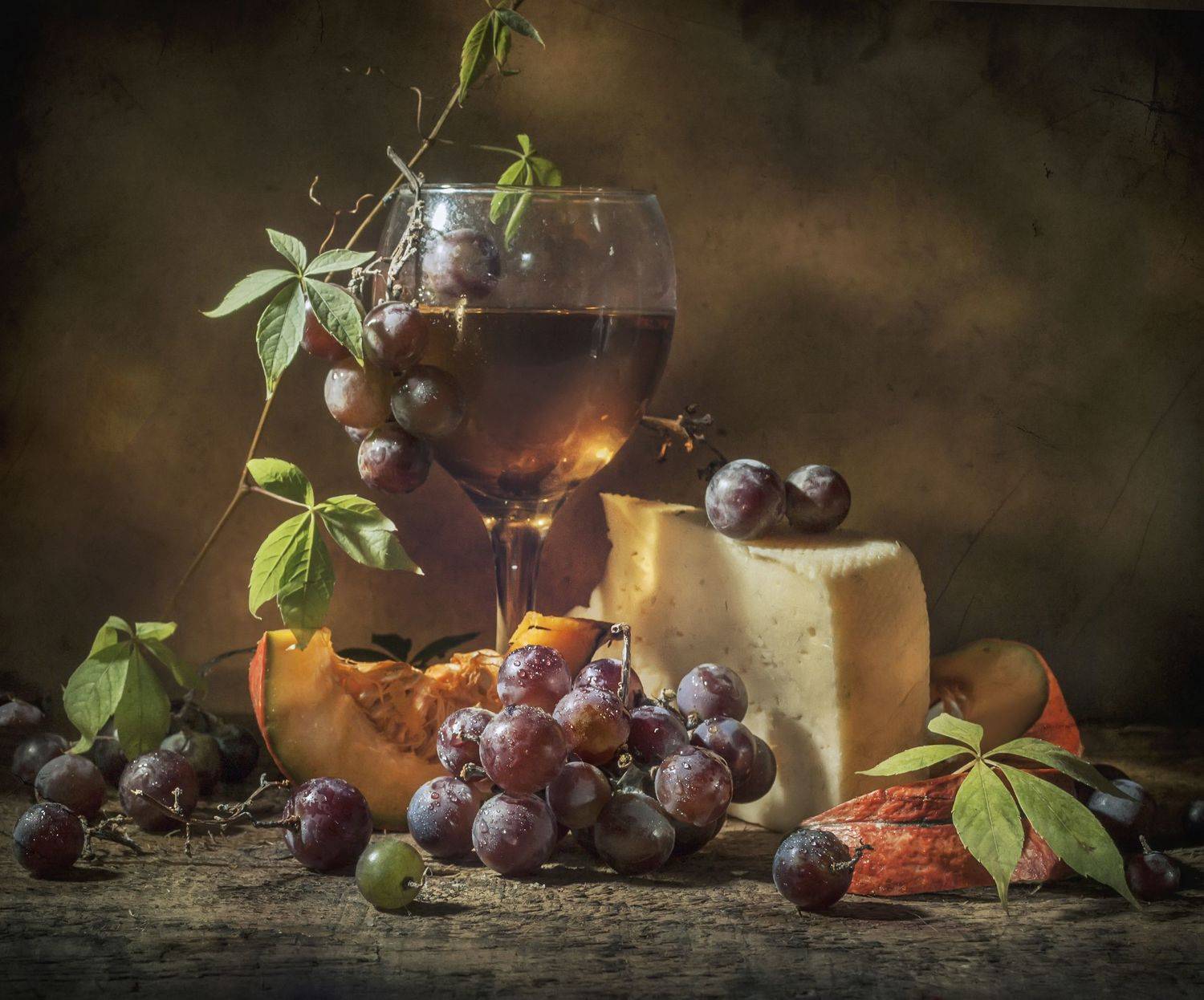 осень,тыква,бокал,вино,виноград,листики,оранжевый,сыр, Владимир Володин