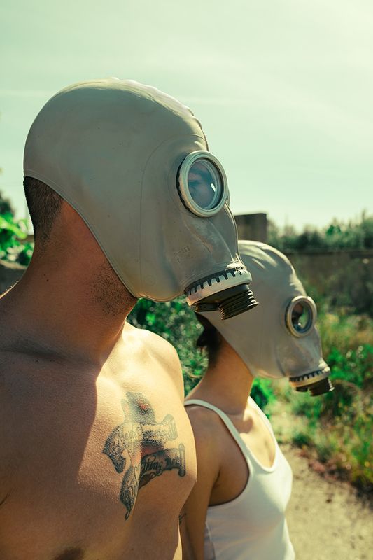 natural light, mask, world beyond, catastrophe, man, woman, gas mask, abandoned, factory, portrait, fashion, fashion project, conceptual project The World Beyond фото превью