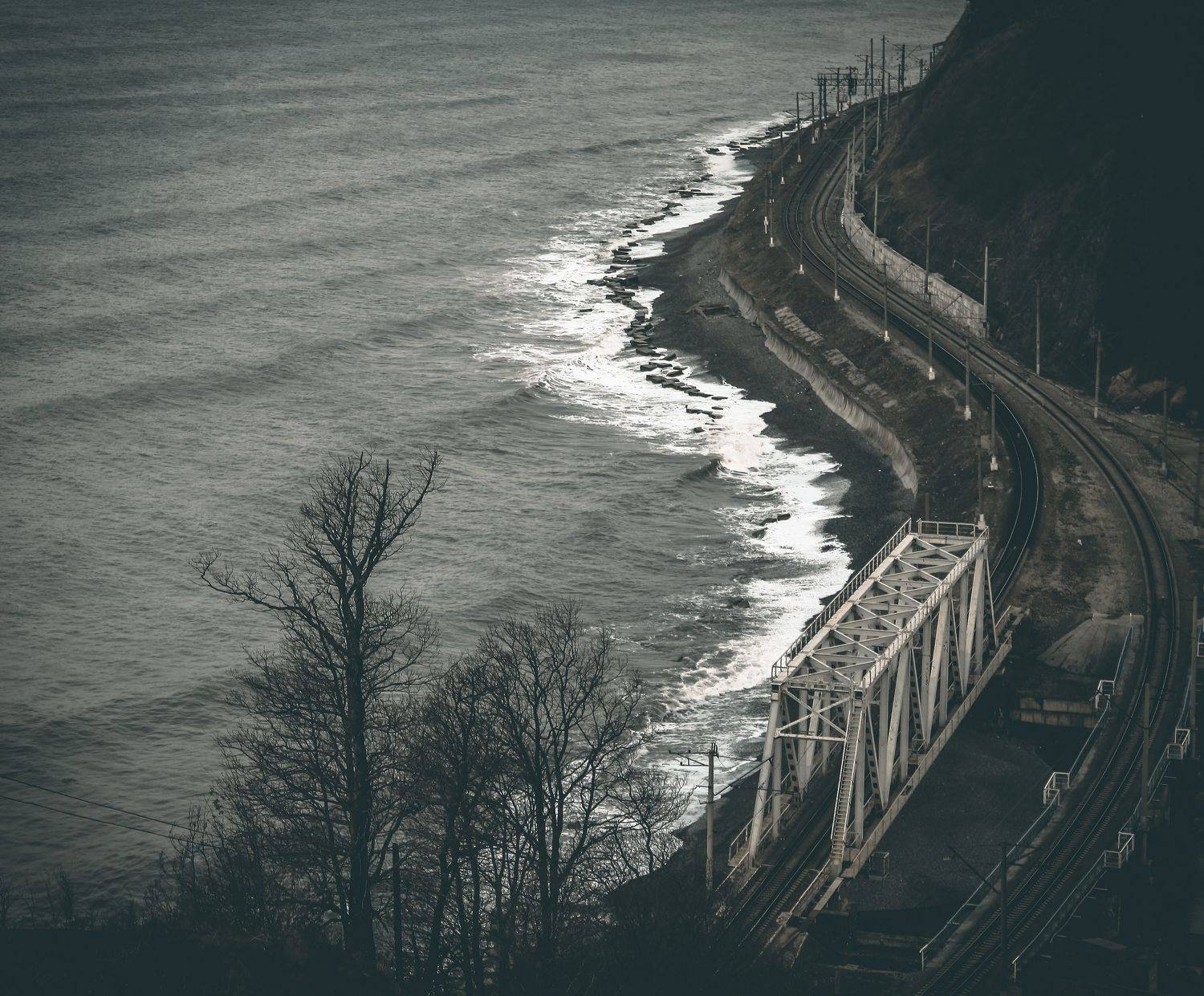 вода, дерево, дорога, море, мост, прибой, Vladimir Kedrov