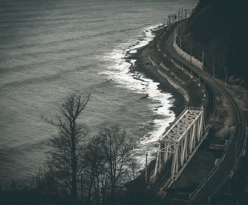 вода, дерево, дорога, море, мост, прибой пасмурный день фото превью